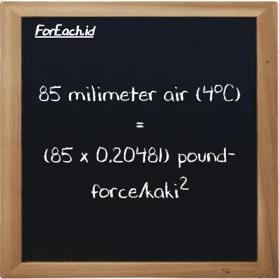 Cara konversi milimeter air (4<sup>o</sup>C) ke pound-force/kaki<sup>2</sup> (mmH2O ke lbf/ft<sup>2</sup>): 85 milimeter air (4<sup>o</sup>C) (mmH2O) setara dengan 85 dikalikan dengan 0.20481 pound-force/kaki<sup>2</sup> (lbf/ft<sup>2</sup>)